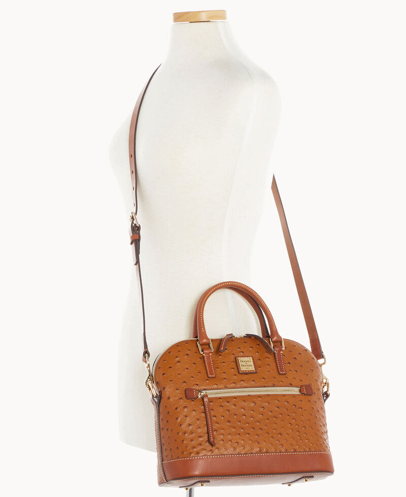 Dooney Ostrich Domed Zip Satchel Caramel ID-ySIqFfiI